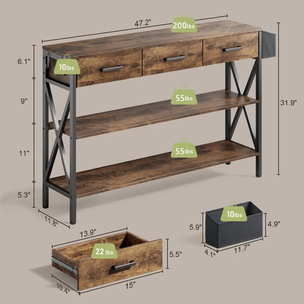 47 "L Console Table  with Drawers, Entryway Table with Storage Shelves, Sofa Table for Living Room, Entryway - Rustic Brown