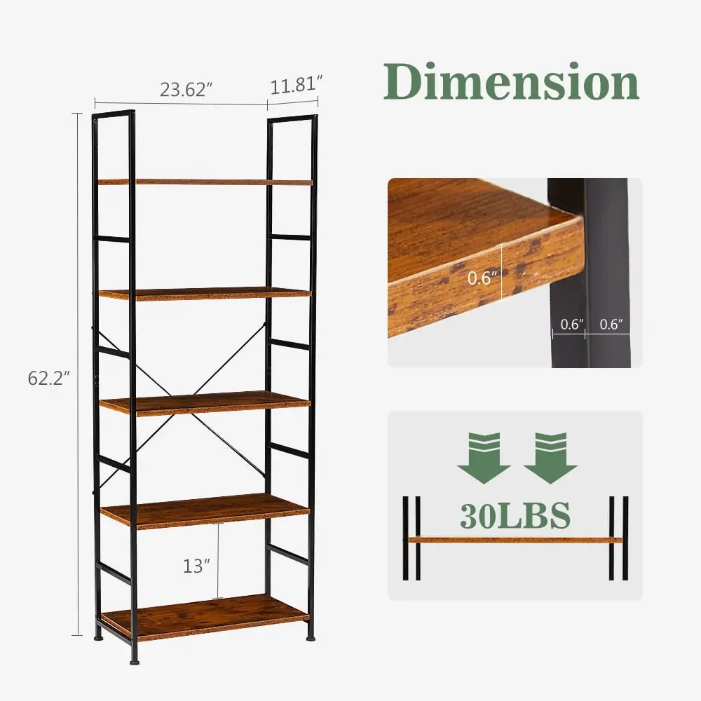 Bookcase, 5 Tier Book Shelf, Storage Shelf, Classic Modern Bookcase for CDs, Movies, Books, Industrial Bookcase for Home Office
