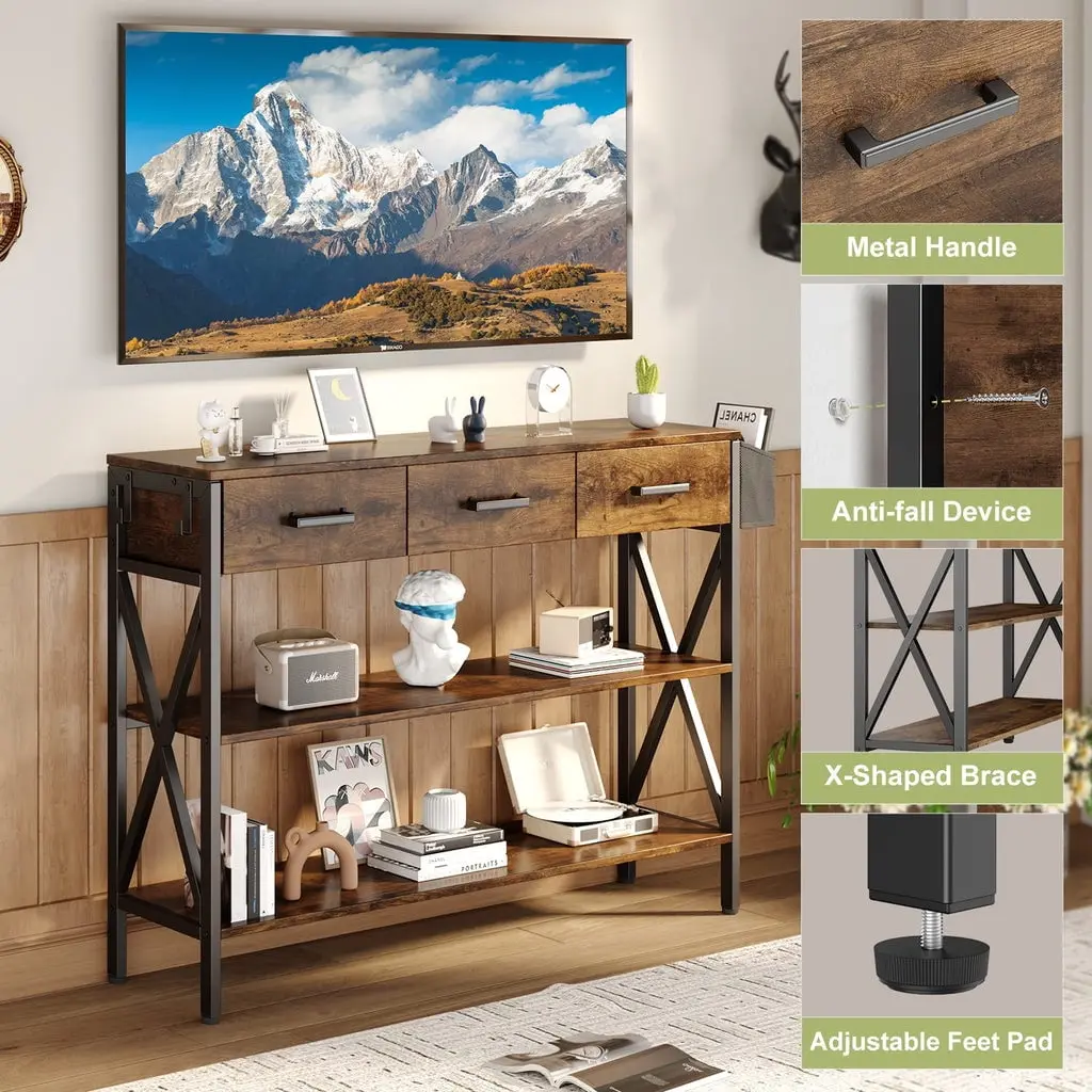 47 "L Console Table  with Drawers, Entryway Table with Storage Shelves, Sofa Table for Living Room, Entryway - Rustic Brown