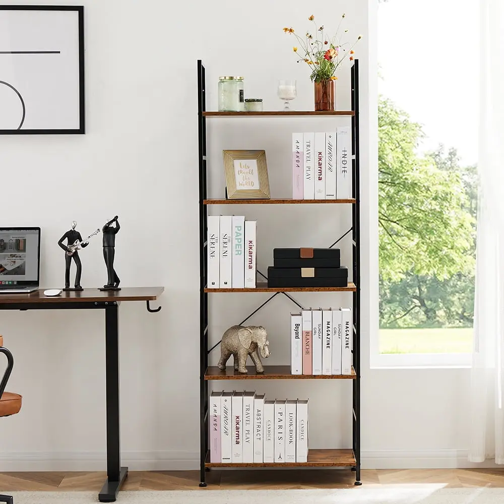 Bookcase, 5 Tier Book Shelf, Storage Shelf, Classic Modern Bookcase for CDs, Movies, Books, Industrial Bookcase for Home Office