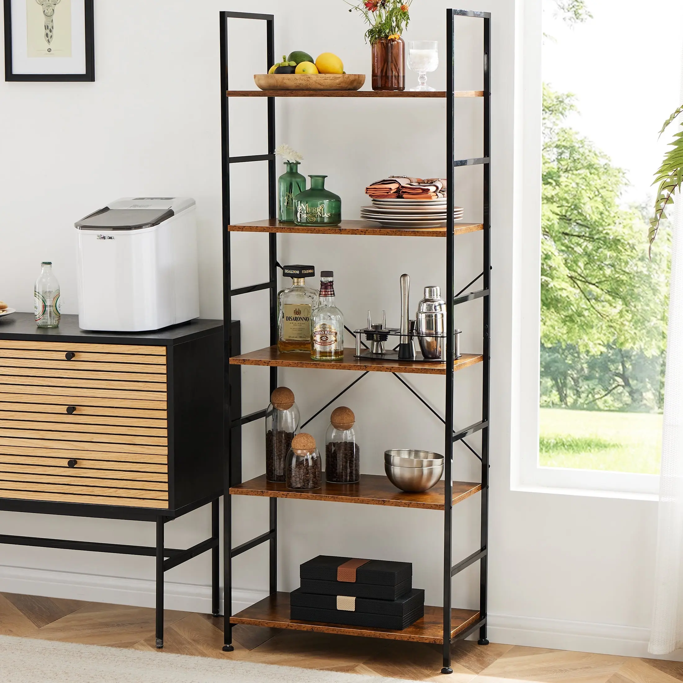 Bookcase, 5 Tier Book Shelf, Storage Shelf, Classic Modern Bookcase for CDs, Movies, Books, Industrial Bookcase for Home Office