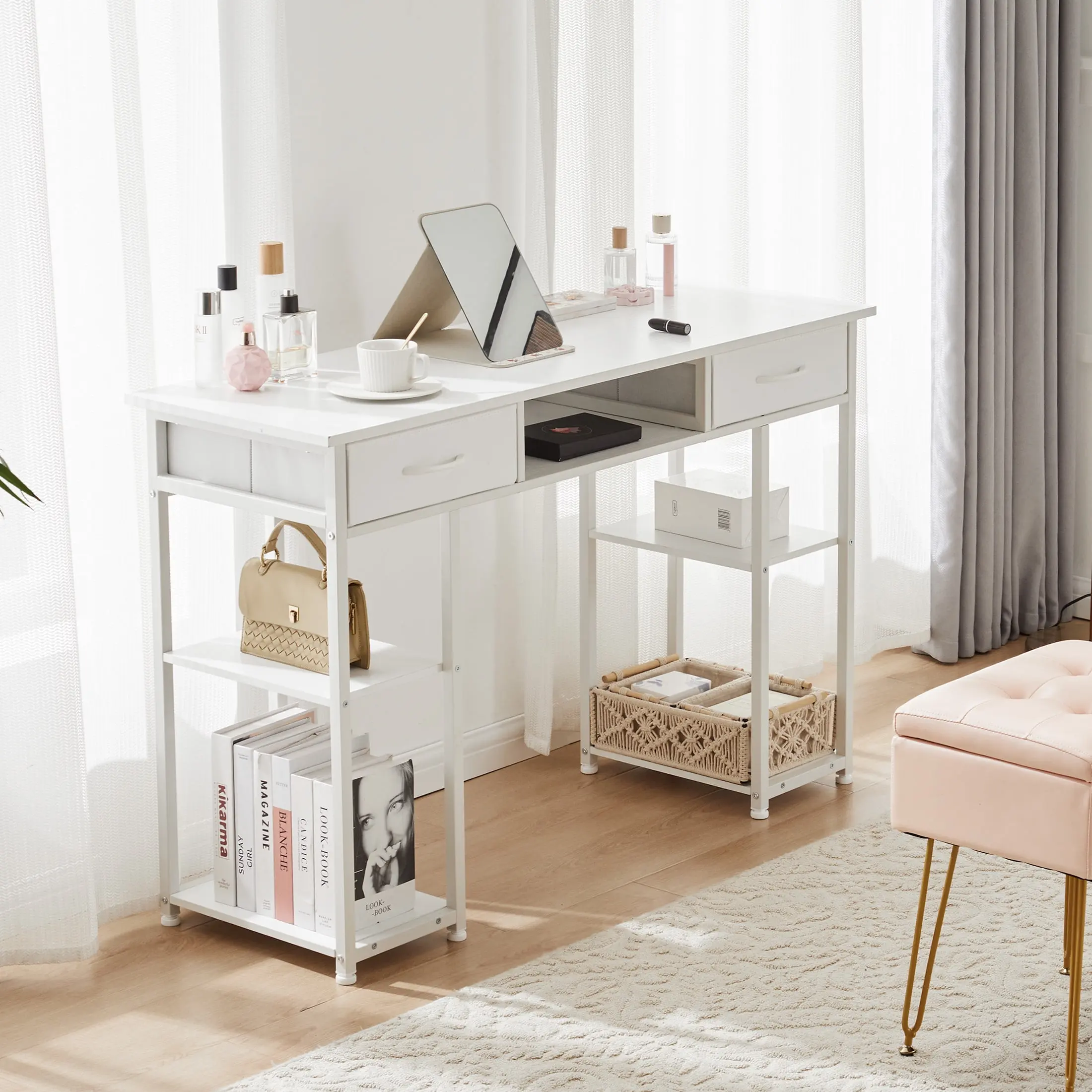 edx Small Desk Fabric Drawers & Storage Shelves, Home Office Computer Desk, Writing Desk Small Space Desk Study Table