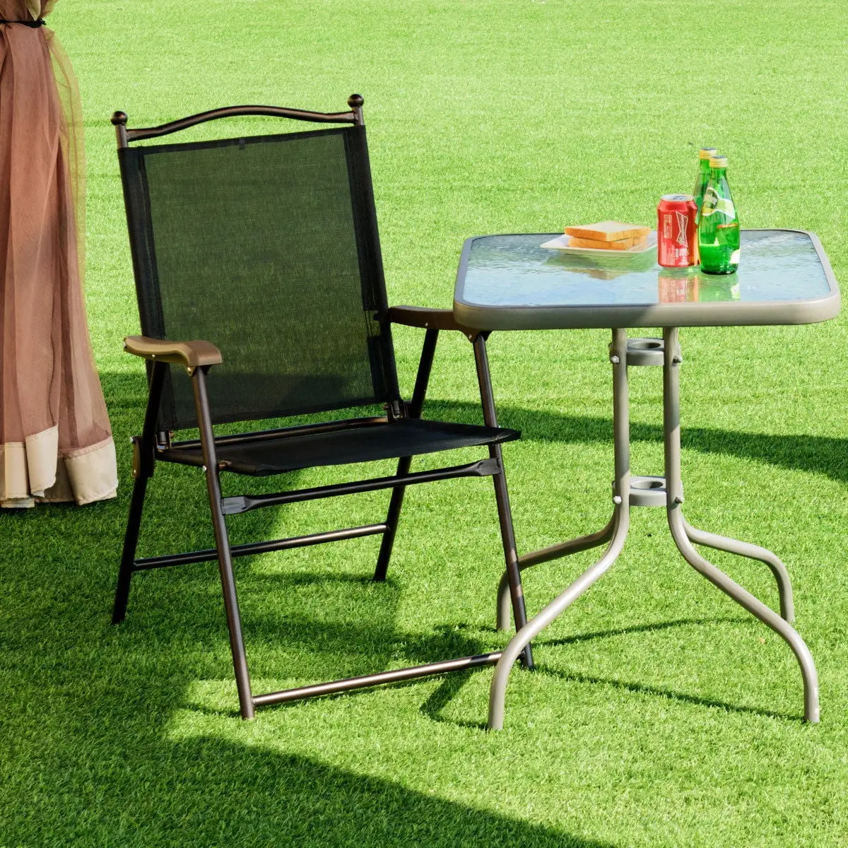Set of 2 Patio Folding Sling Back Chairs Camping Deck Garden Beach Black