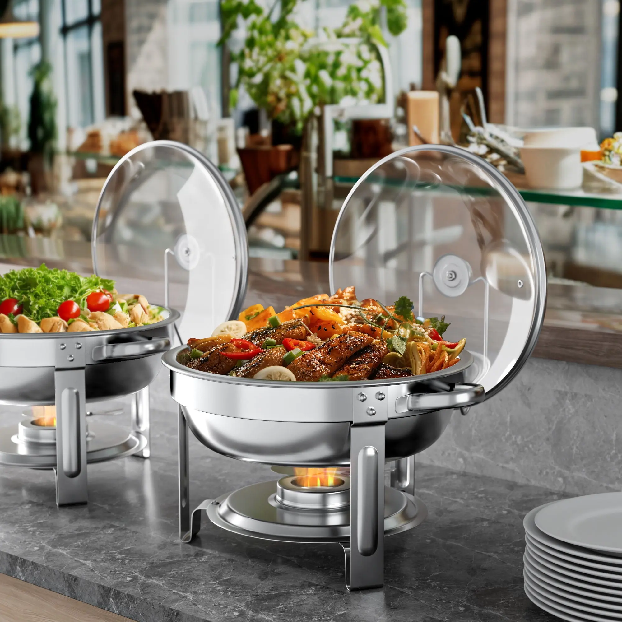 Chafing Dish Buffet Set 4 Pack: TINANA 5QT Stainless Steel Chafing Dishes for Buffet with Glass Lid & Lid Holder