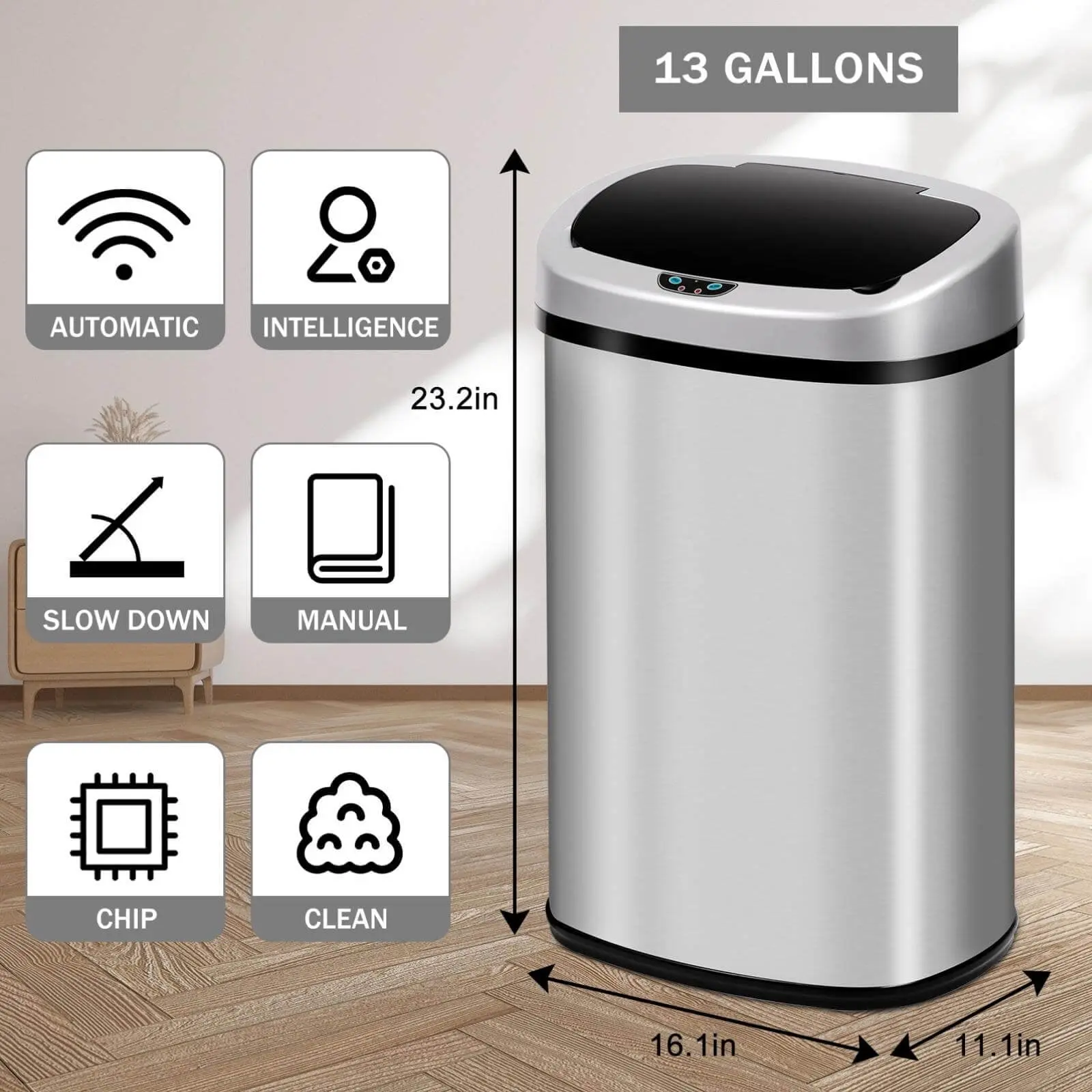 Kitchen Trash Can with Lid, 13 Gallon Automatic Stainless Steel Garbage Can with Touch-Free & Motion Sensor