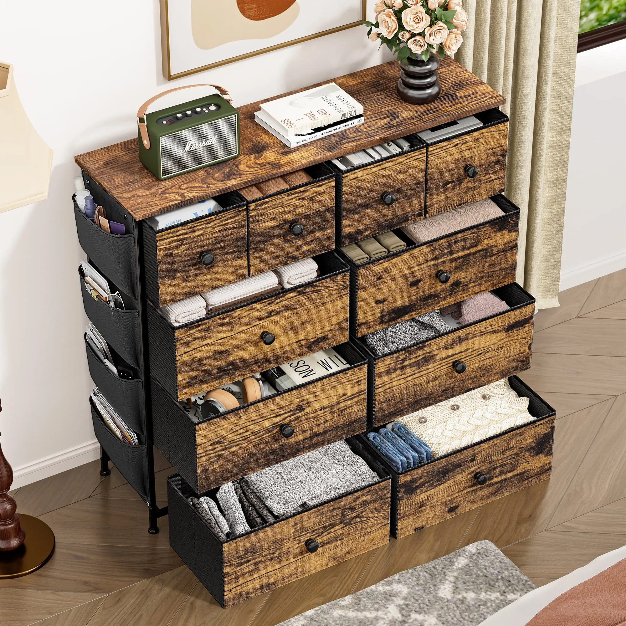 10 Drawer Dresser Chest of Drawers with Side Pockets Fabric Dressers for Bedroom for Adults,Rustic Brown