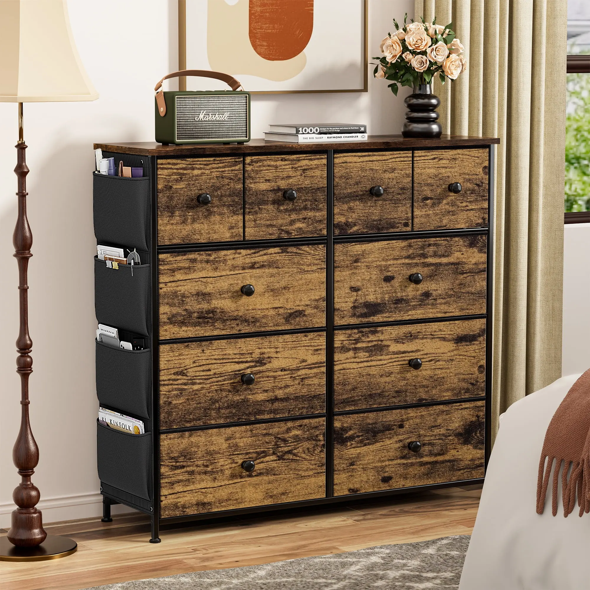 10 Drawer Dresser Chest of Drawers with Side Pockets Fabric Dressers for Bedroom for Adults,Rustic Brown
