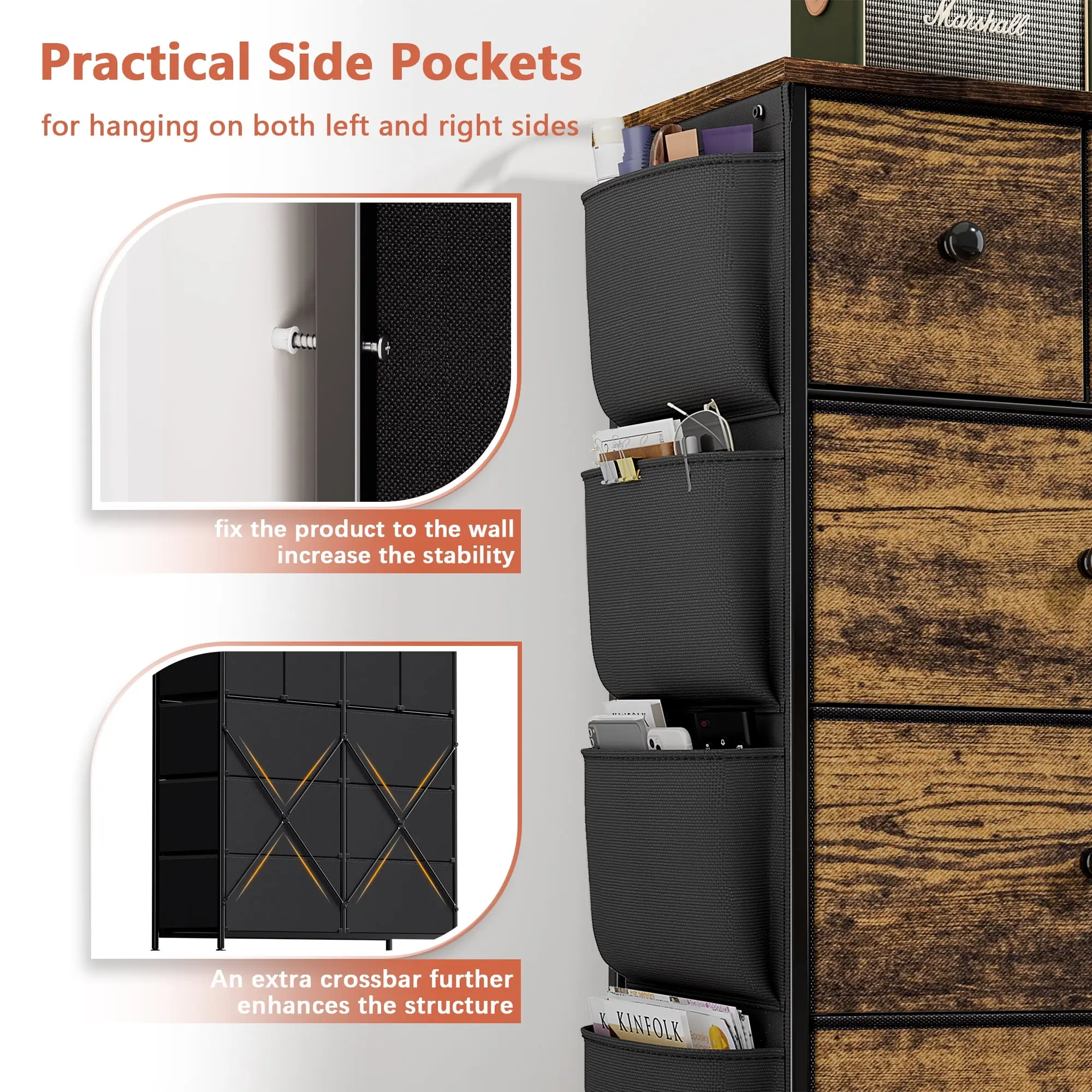 10 Drawer Dresser Chest of Drawers with Side Pockets Fabric Dressers for Bedroom for Adults,Rustic Brown