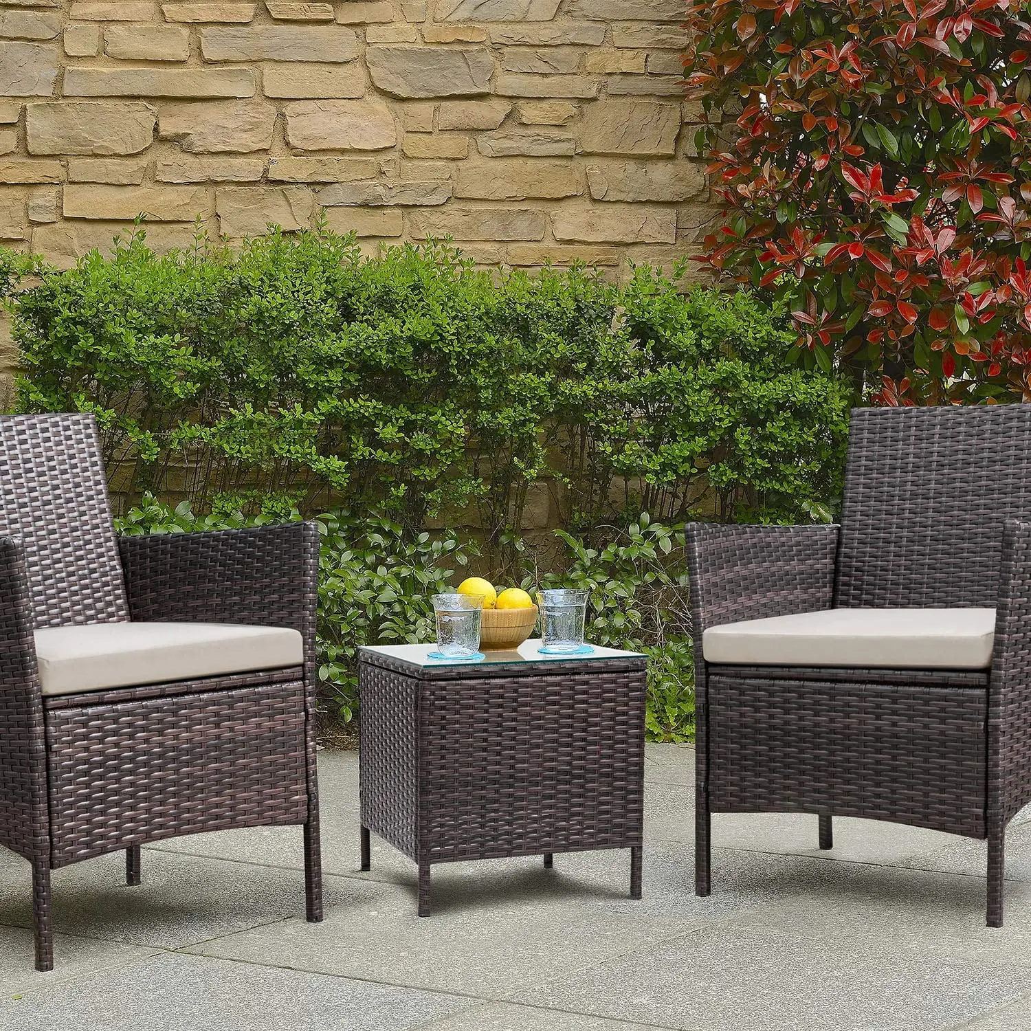 3 Pieces Outdoor Patio Furniture PE Rattan Wicker Table and Chairs Set Bar Set with Cushioned Tempered Glass, Brown/Beige, 2