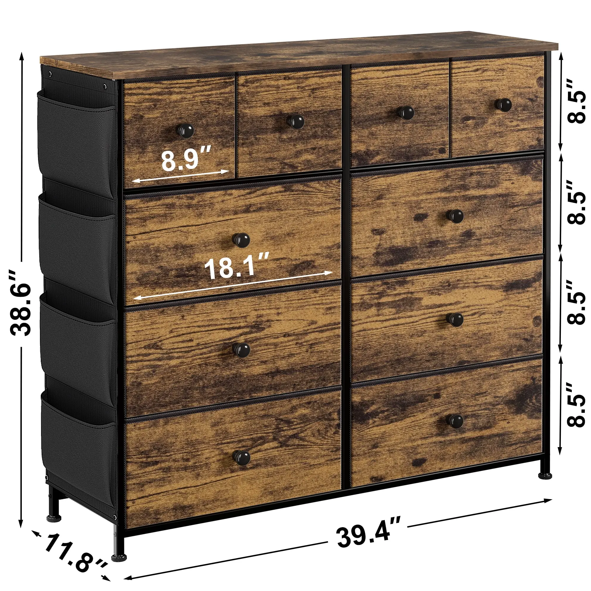 10 Drawer Dresser Chest of Drawers with Side Pockets Fabric Dressers for Bedroom for Adults,Rustic Brown