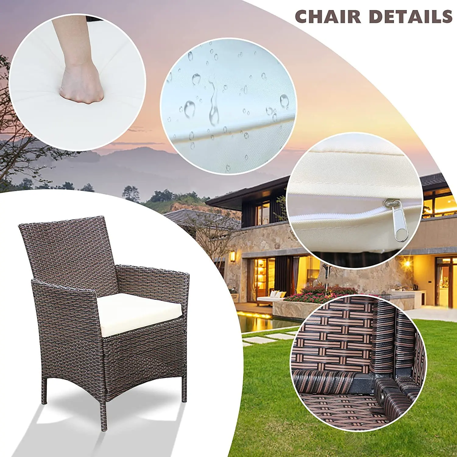 3 Pieces Outdoor Patio Furniture PE Rattan Wicker Table and Chairs Set Bar Set with Cushioned Tempered Glass, Brown/Beige, 2