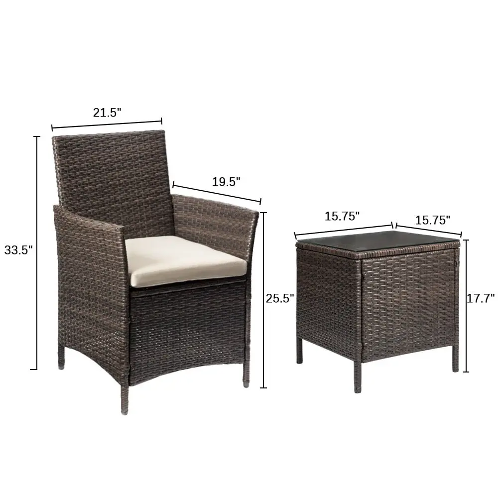 3 Pieces Outdoor Patio Furniture PE Rattan Wicker Table and Chairs Set Bar Set with Cushioned Tempered Glass, Brown/Beige, 2