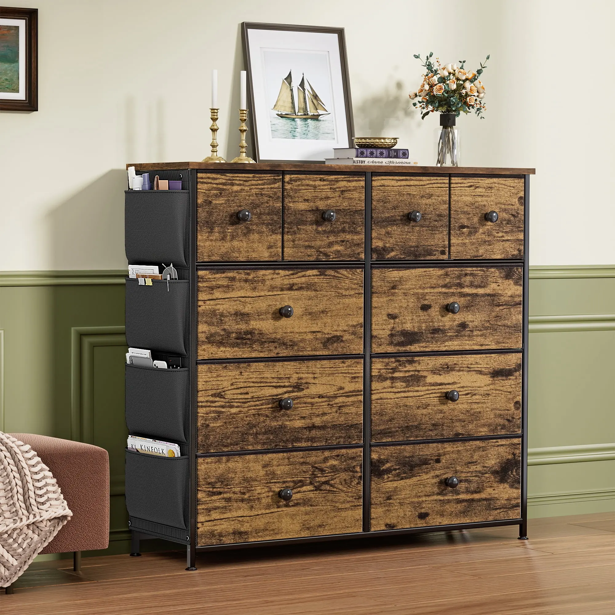 10 Drawer Dresser Chest of Drawers with Side Pockets Fabric Dressers for Bedroom for Adults,Rustic Brown