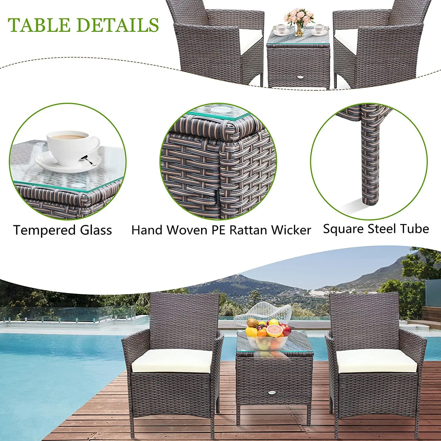 3 Pieces Outdoor Patio Furniture PE Rattan Wicker Table and Chairs Set Bar Set with Cushioned Tempered Glass, Brown/Beige, 2
