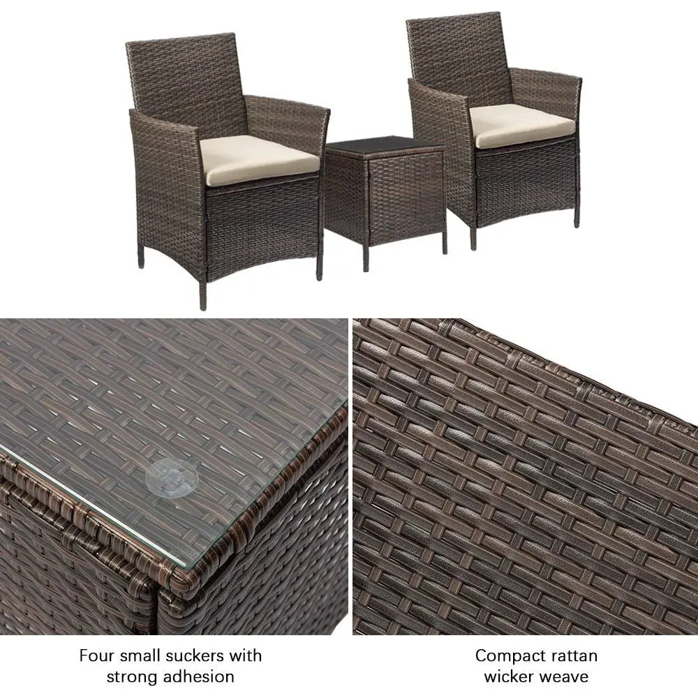3 Pieces Outdoor Patio Furniture PE Rattan Wicker Table and Chairs Set Bar Set with Cushioned Tempered Glass, Brown/Beige, 2