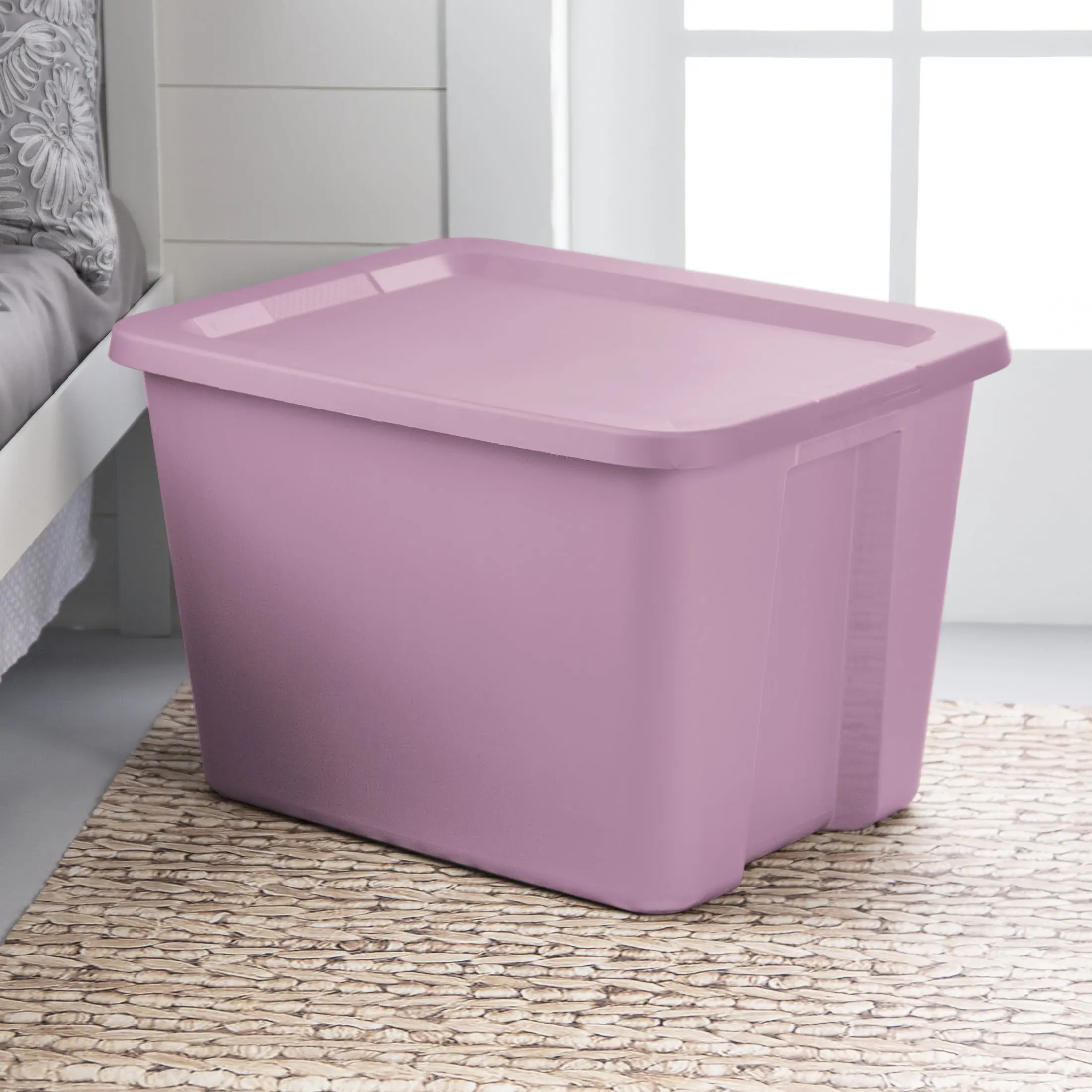 Large Storage Bin, 18 Gallon Plastic Storage Container with Snap-On Lid, Lilac, Pack of 8