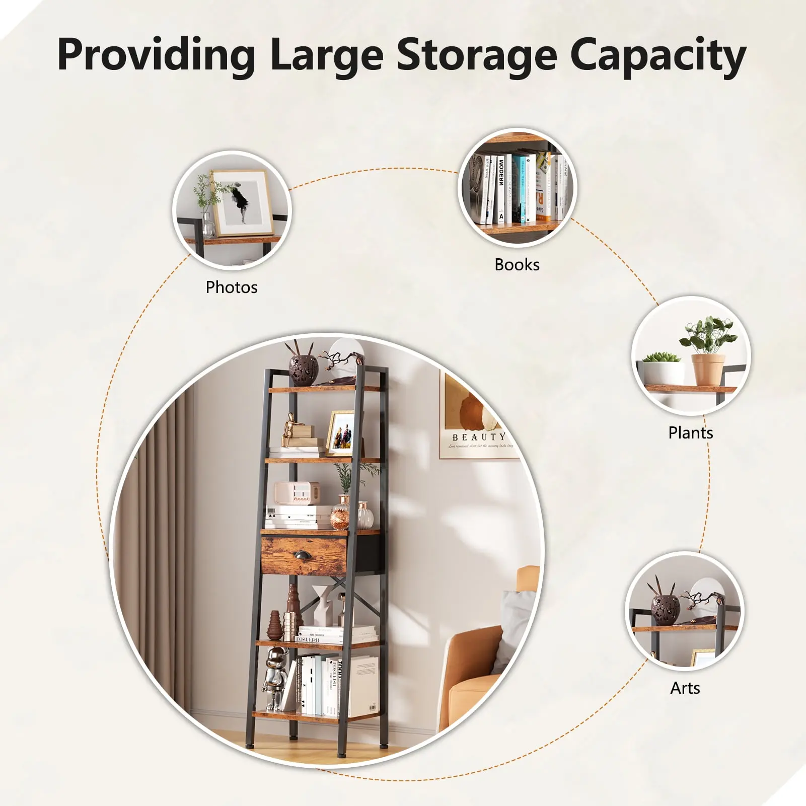 5-Tier 59.5" Ladder Bookshelf with Removable Drawers Narrow Bookcase for Living Room,Rustic Brown