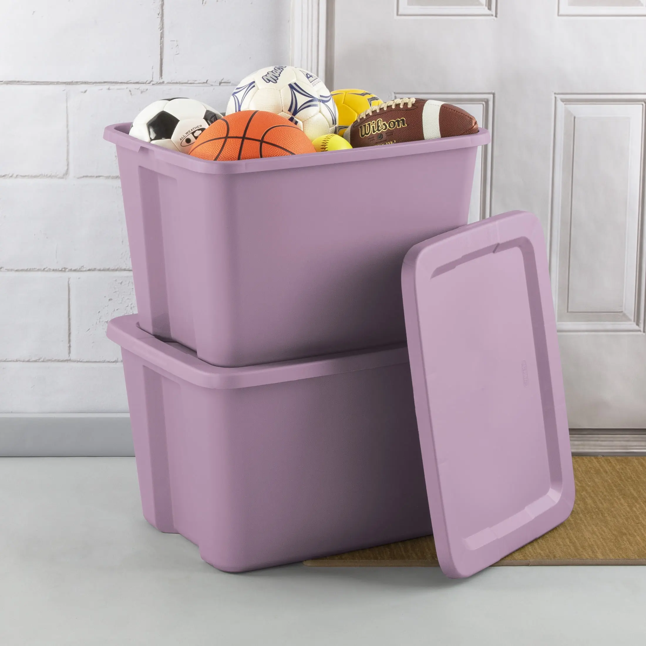 Large Storage Bin, 18 Gallon Plastic Storage Container with Snap-On Lid, Lilac, Pack of 8
