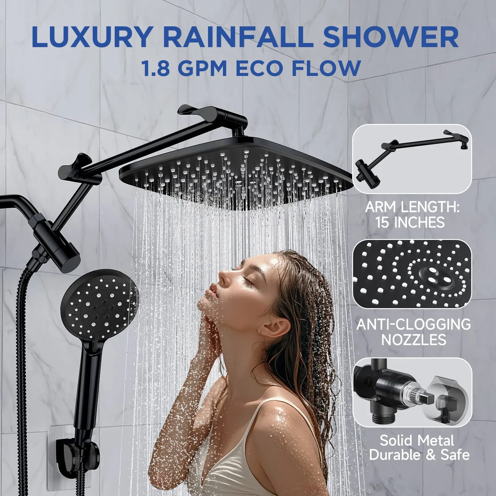 12 Inch Coverage High Pressure Rain Shower Head Combo with Adjustable Extension Arm- Wide Rainfall & 5 Modes Handheld Showerhead