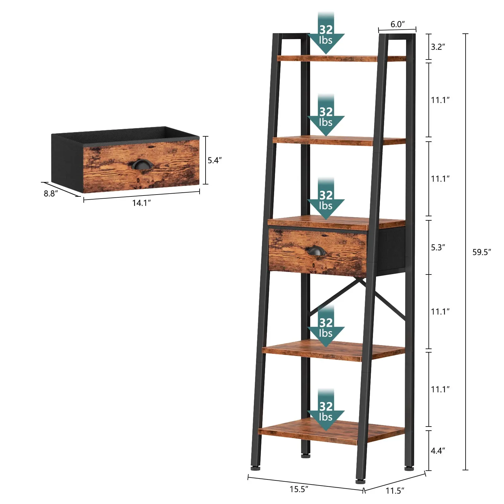 5-Tier 59.5" Ladder Bookshelf with Removable Drawers Narrow Bookcase for Living Room,Rustic Brown
