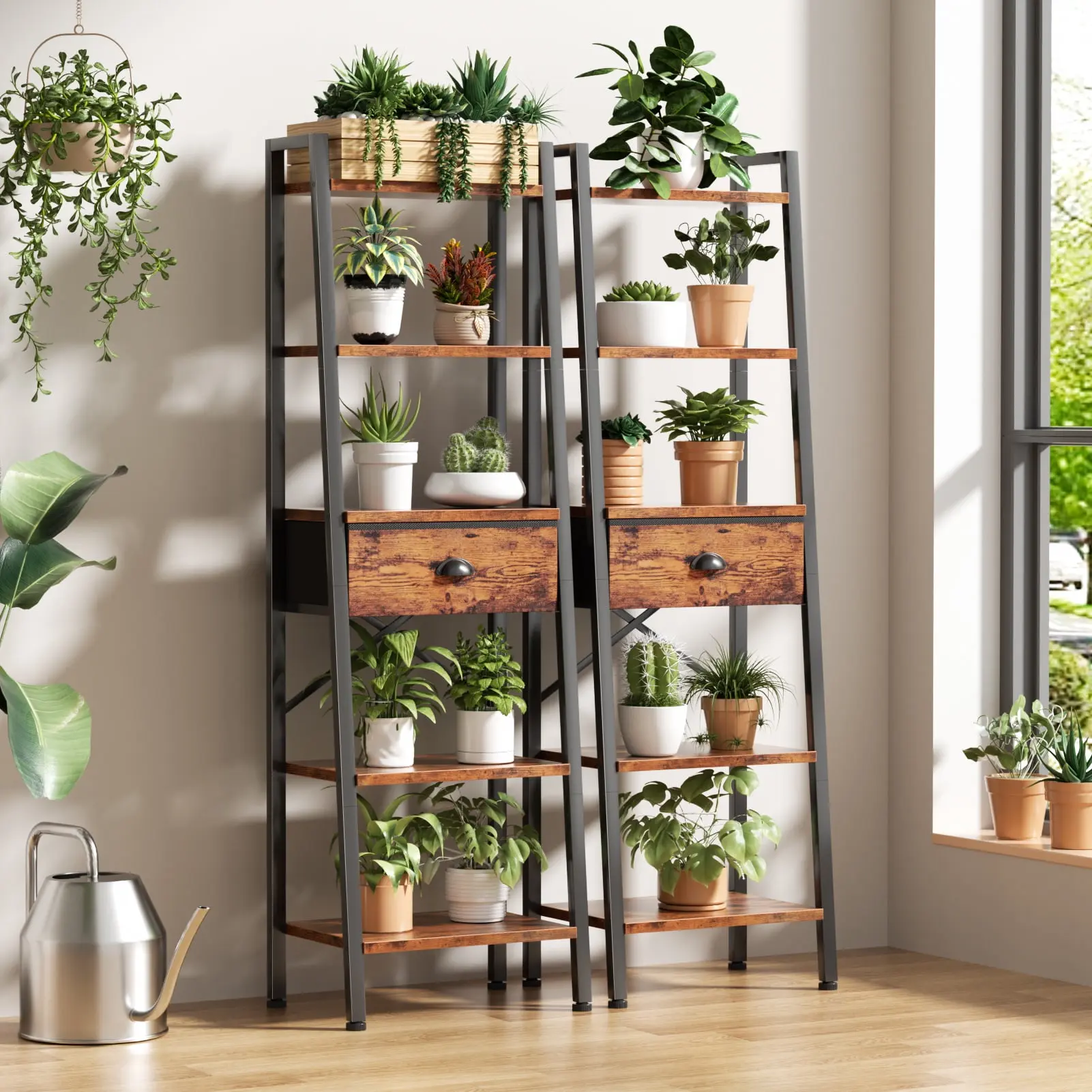 5-Tier 59.5" Ladder Bookshelf with Removable Drawers Narrow Bookcase for Living Room,Rustic Brown
