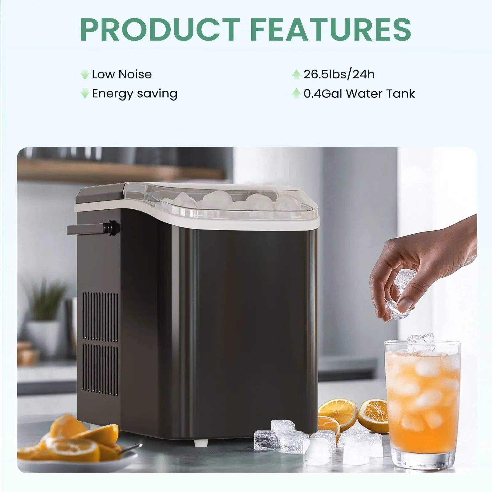 Countertop Ice Maker, Machine Self-Cleaning, 2 Sizes Bullet Ice, Portable Ice Machine with Ice Scoop, Basket and Handle, Black