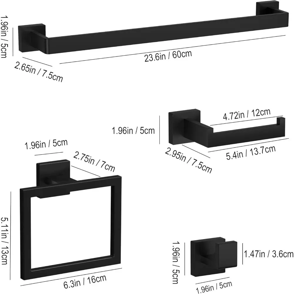 15-Piece Matte Black Bathroom Accessories Set – 23.6" Towel Bar, Towel Ring, Toilet Paper Holder & Hooks, Wall Mounted Bathroom