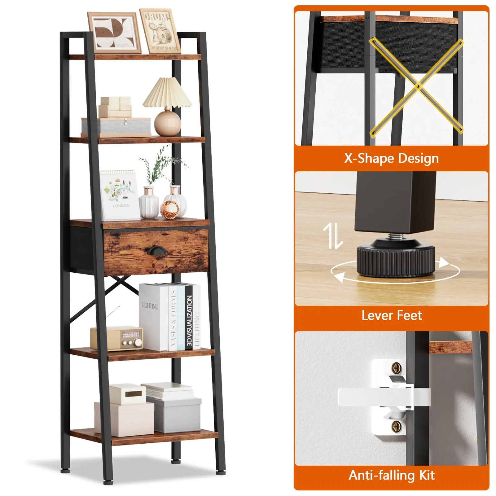 5-Tier 59.5" Ladder Bookshelf with Removable Drawers Narrow Bookcase for Living Room,Rustic Brown