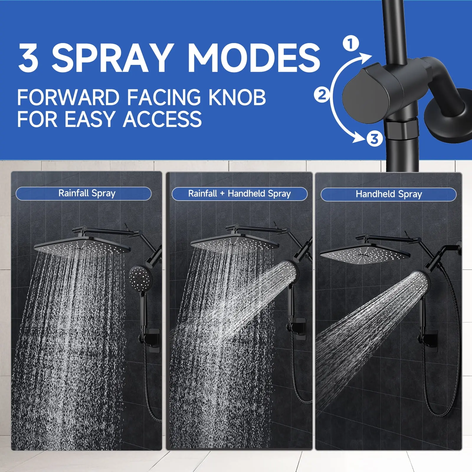 12 Inch Coverage High Pressure Rain Shower Head Combo with Adjustable Extension Arm- Wide Rainfall & 5 Modes Handheld Showerhead
