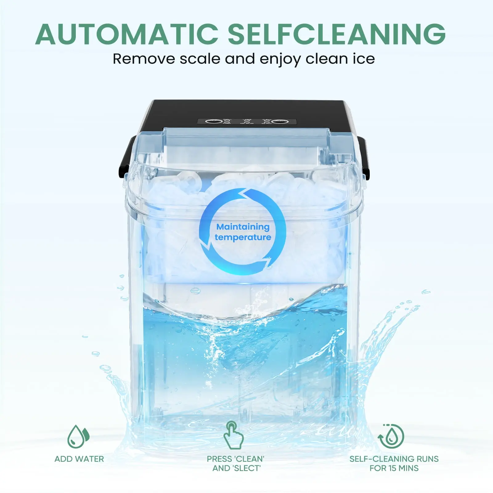 Countertop Ice Maker, Machine Self-Cleaning, 2 Sizes Bullet Ice, Portable Ice Machine with Ice Scoop, Basket and Handle, Black