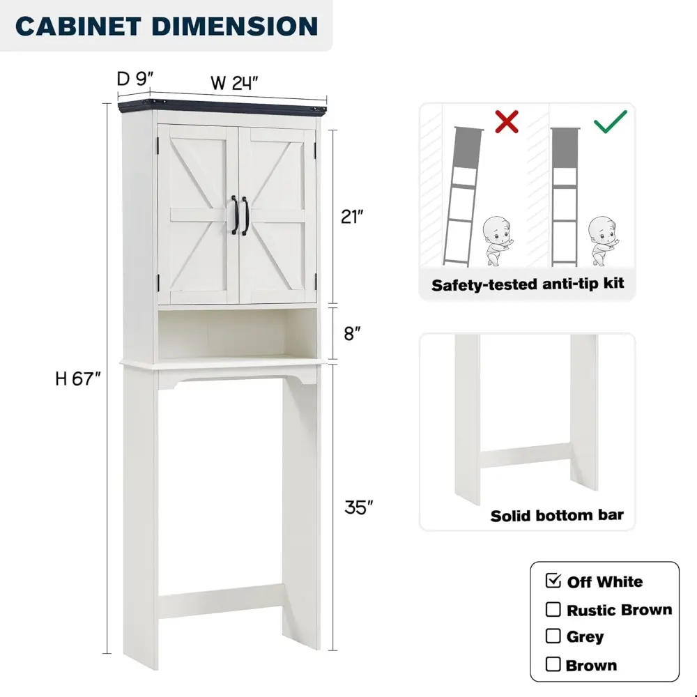 Over The Toilet Storage Cabinet, Farmhouse Bathroom Cabinet with Adjustable Shelf & Barn Door, 67" Tall Over The Toilet Shelf, O