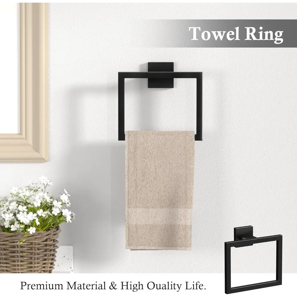 15-Piece Matte Black Bathroom Accessories Set – 23.6" Towel Bar, Towel Ring, Toilet Paper Holder & Hooks, Wall Mounted Bathroom