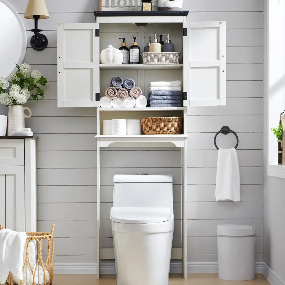 Over The Toilet Storage Cabinet, Farmhouse Bathroom Cabinet with Adjustable Shelf & Barn Door, 67" Tall Over The Toilet Shelf, O