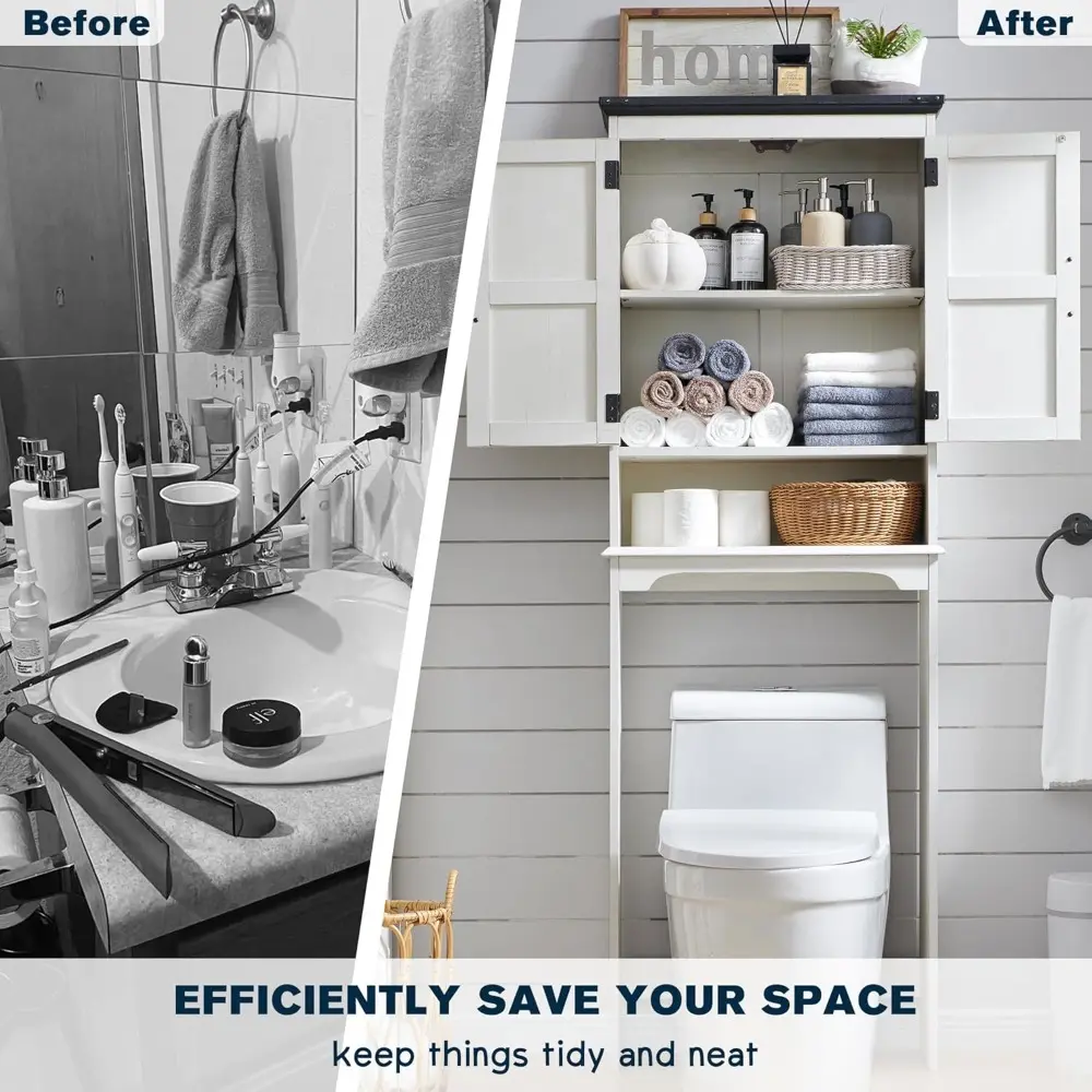 Over The Toilet Storage Cabinet, Farmhouse Bathroom Cabinet with Adjustable Shelf & Barn Door, 67" Tall Over The Toilet Shelf, O