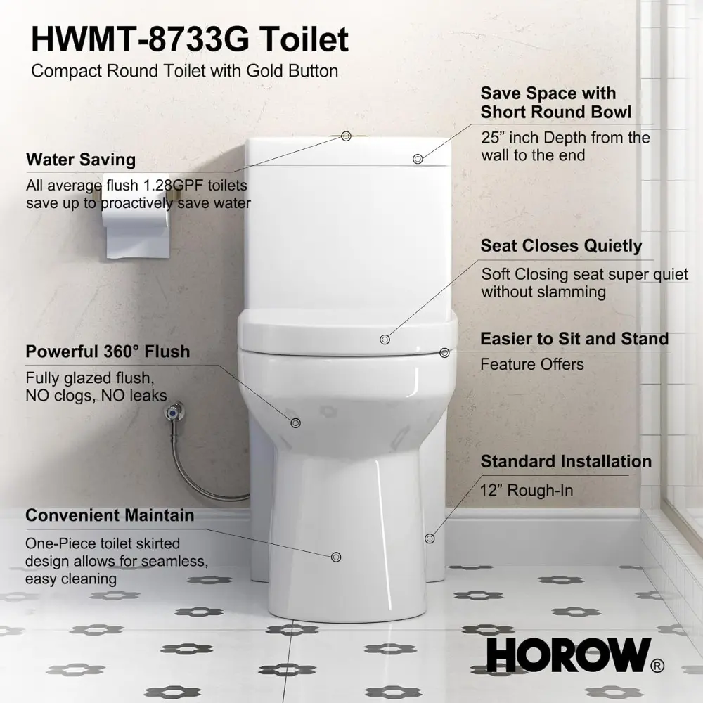HWMT-8733 Small Compact One Piece Toilet For Bathroom, Powerful & Quiet Dual Flush Modern Toilet, 12'' Rough-In Toilet & Soft C