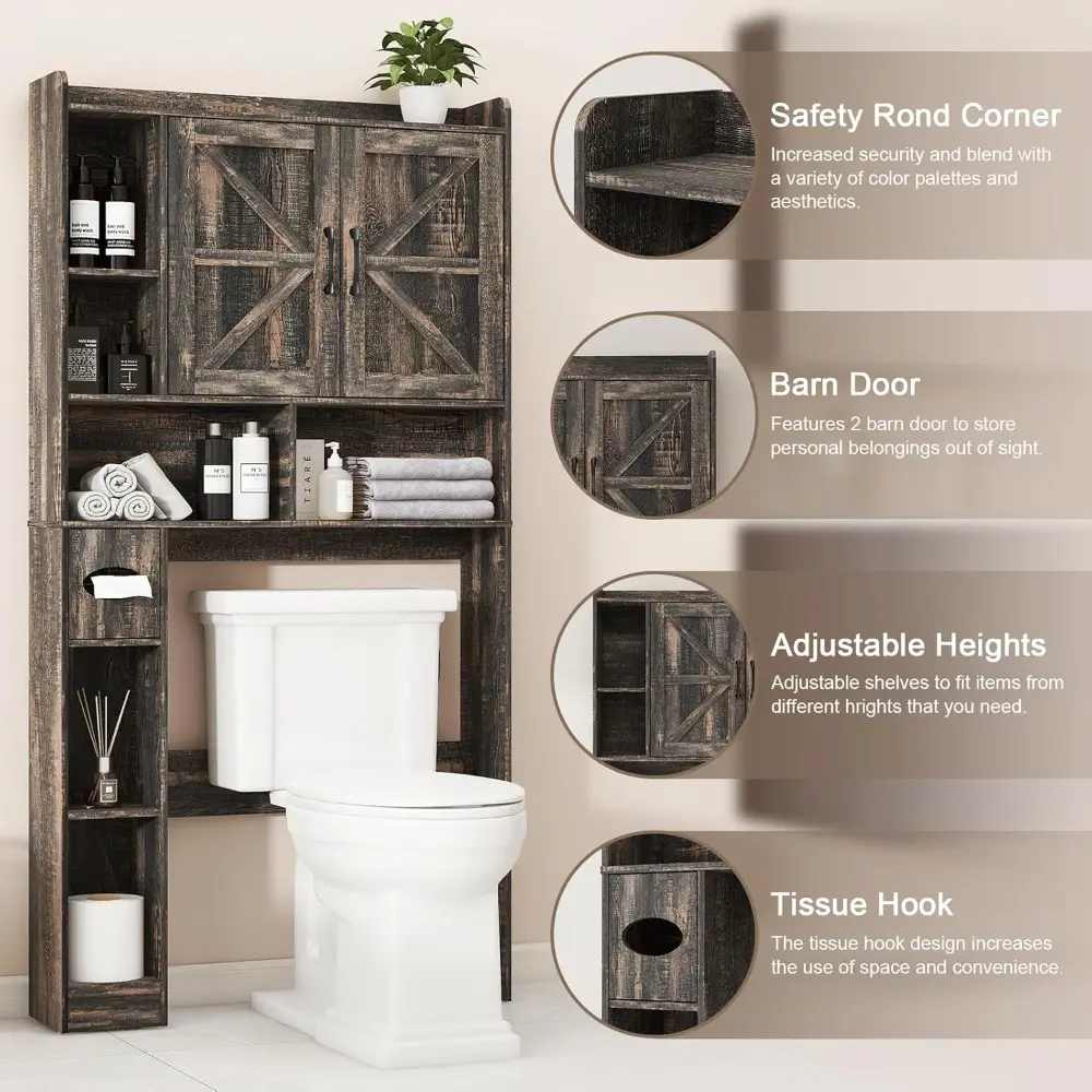 Over The Toilet Storage Cabinet, Farmhouse Storage Cabinet Over Toilet with 2 Barn Doors & Toilet Paper Holder Stand，Home Space-