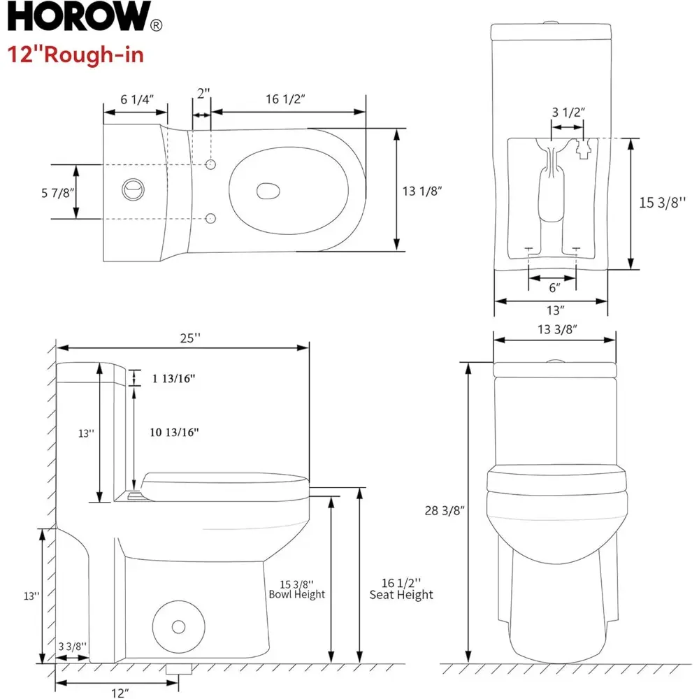 HWMT-8733 Small Compact One Piece Toilet For Bathroom, Powerful & Quiet Dual Flush Modern Toilet, 12'' Rough-In Toilet & Soft C