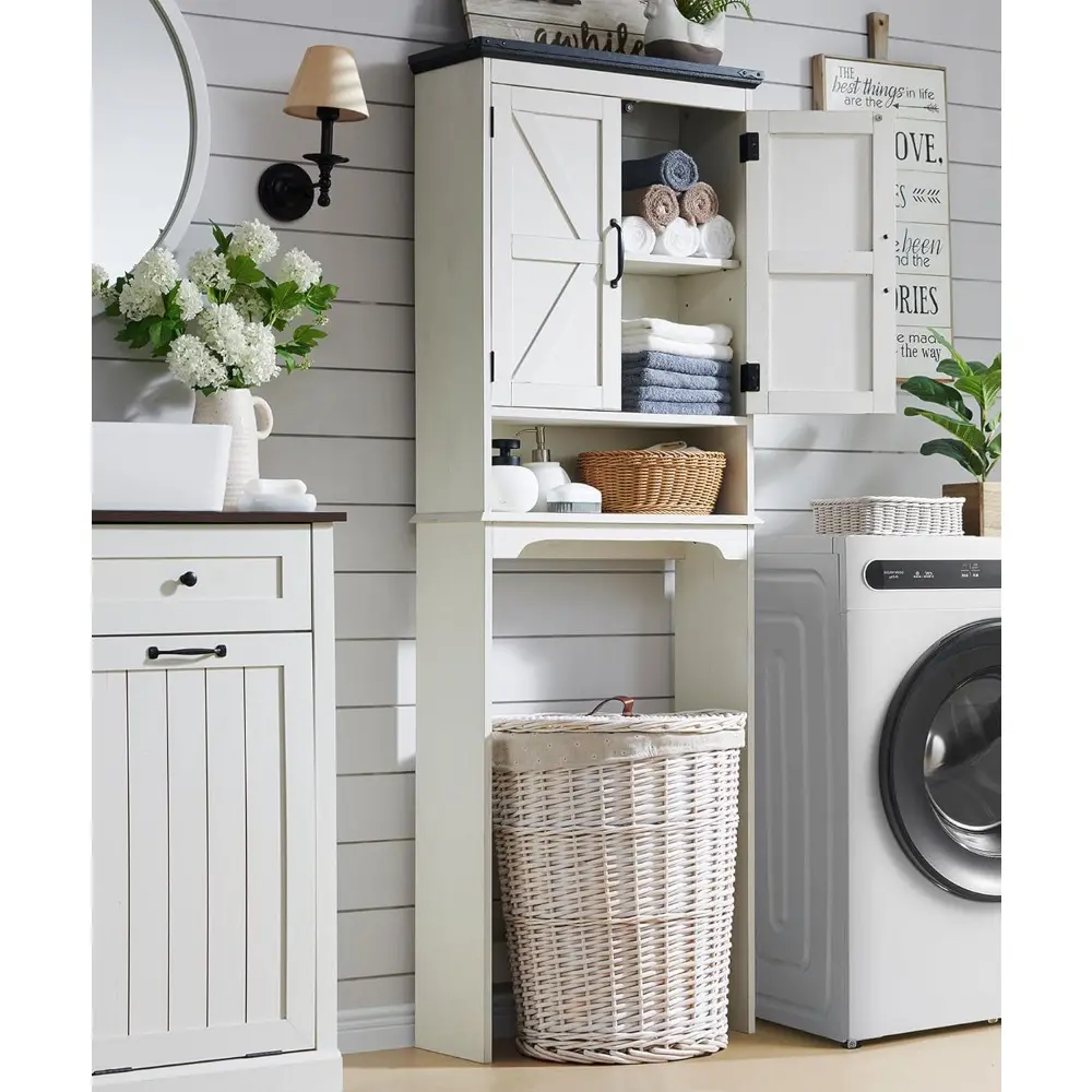 Over The Toilet Storage Cabinet, Farmhouse Bathroom Cabinet with Adjustable Shelf & Barn Door, 67" Tall Over The Toilet Shelf, O