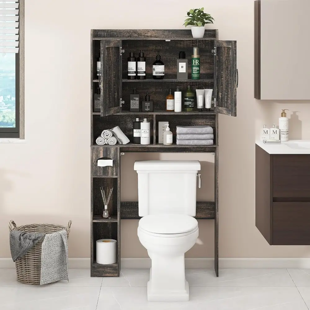 Over The Toilet Storage Cabinet, Farmhouse Storage Cabinet Over Toilet with 2 Barn Doors & Toilet Paper Holder Stand，Home Space-