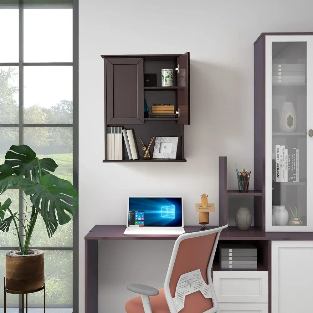 Wall Cabinet, 23x29 inch Medicine Cabinet, Over Toilet Storage with Adjustable Shelf, Wooden Expresso Bathroom Cabinet with 2 Do