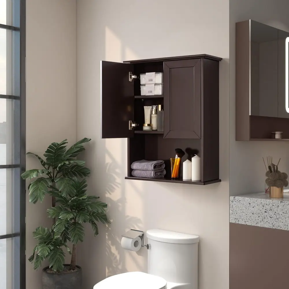 Wall Cabinet, 23x29 inch Medicine Cabinet, Over Toilet Storage with Adjustable Shelf, Wooden Expresso Bathroom Cabinet with 2 Do