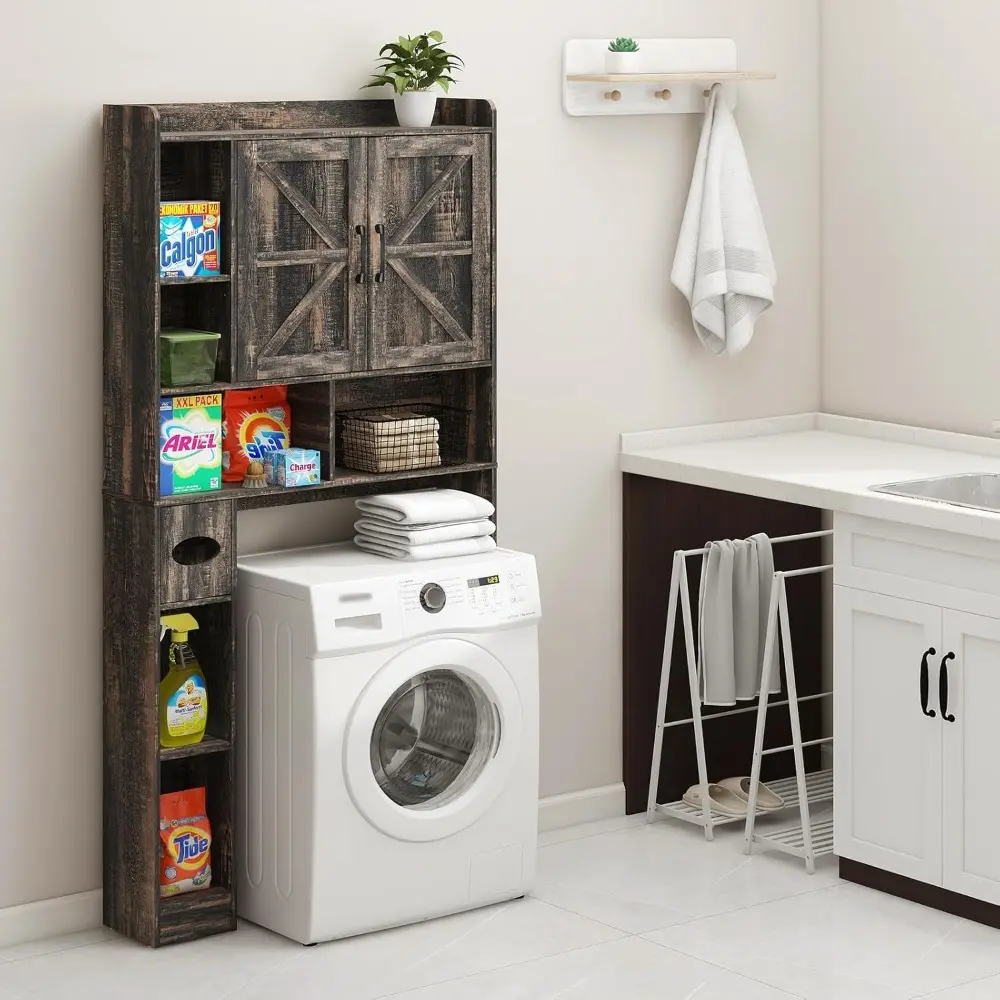 Over The Toilet Storage Cabinet, Farmhouse Storage Cabinet Over Toilet with 2 Barn Doors & Toilet Paper Holder Stand，Home Space-