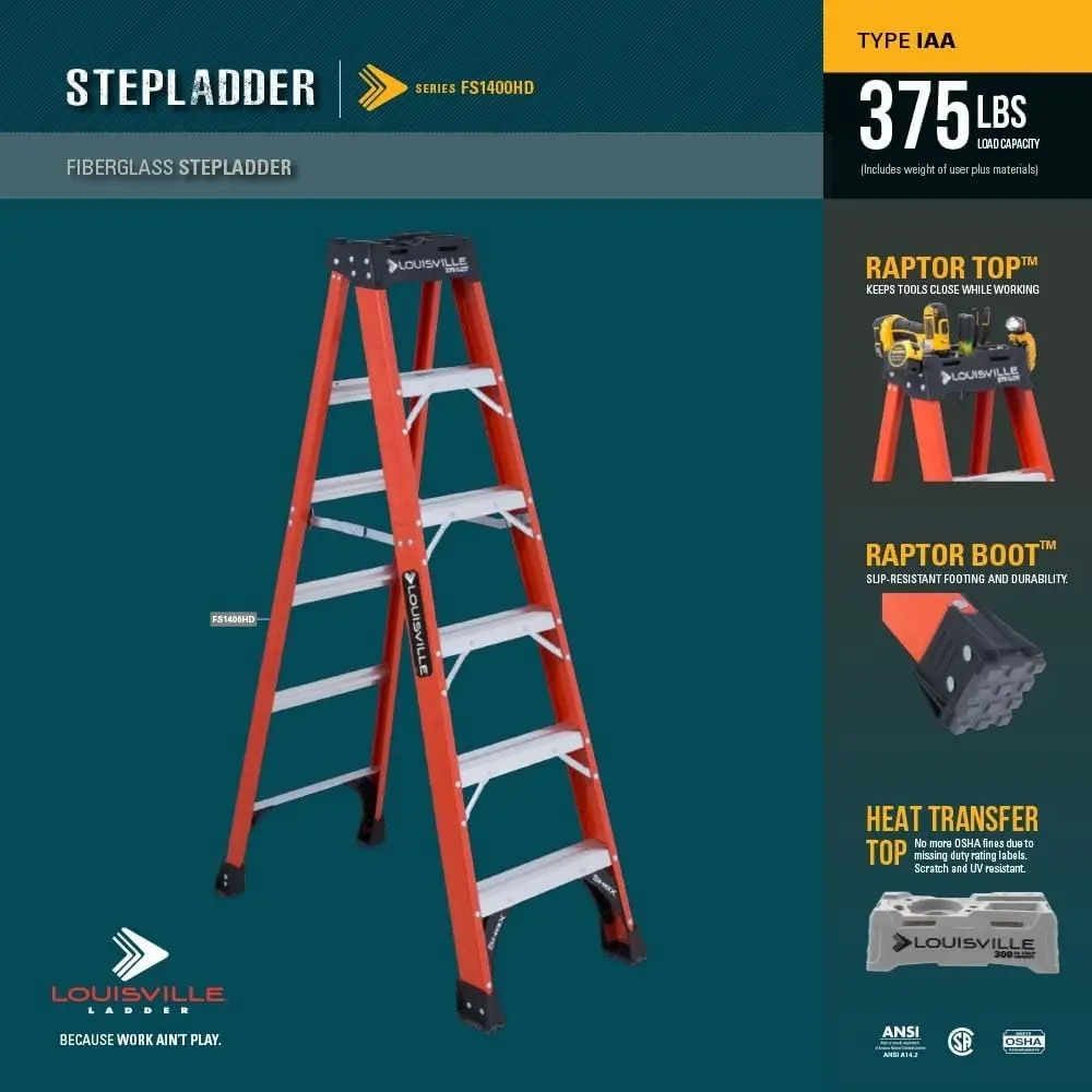 8-Foot Fiberglass Step Ladder, 375-Pound Load Capacity, Type IAA, FS1408HD