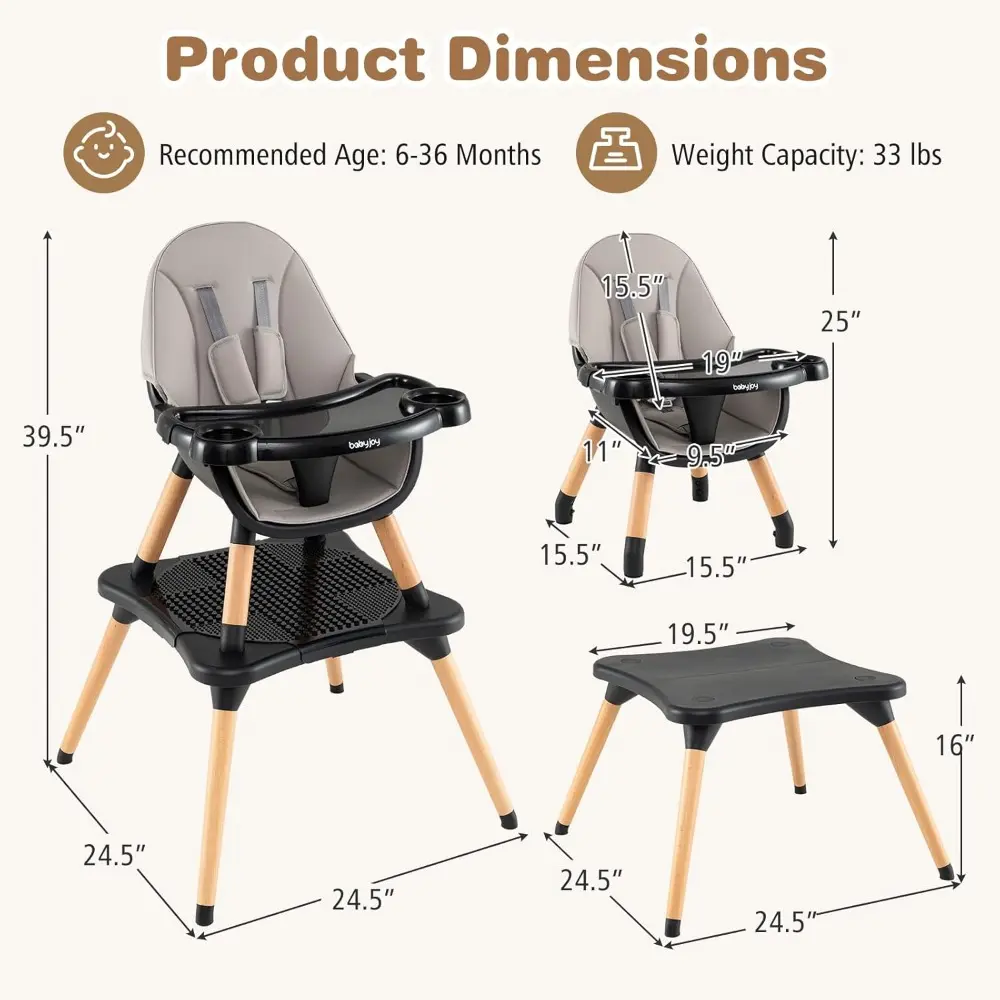 6 in 1 High Chair, Convertible High Chairs for Babies and Toddlers/Booster Seat/Table and Chair Set, Infant Wooden Highchair w/