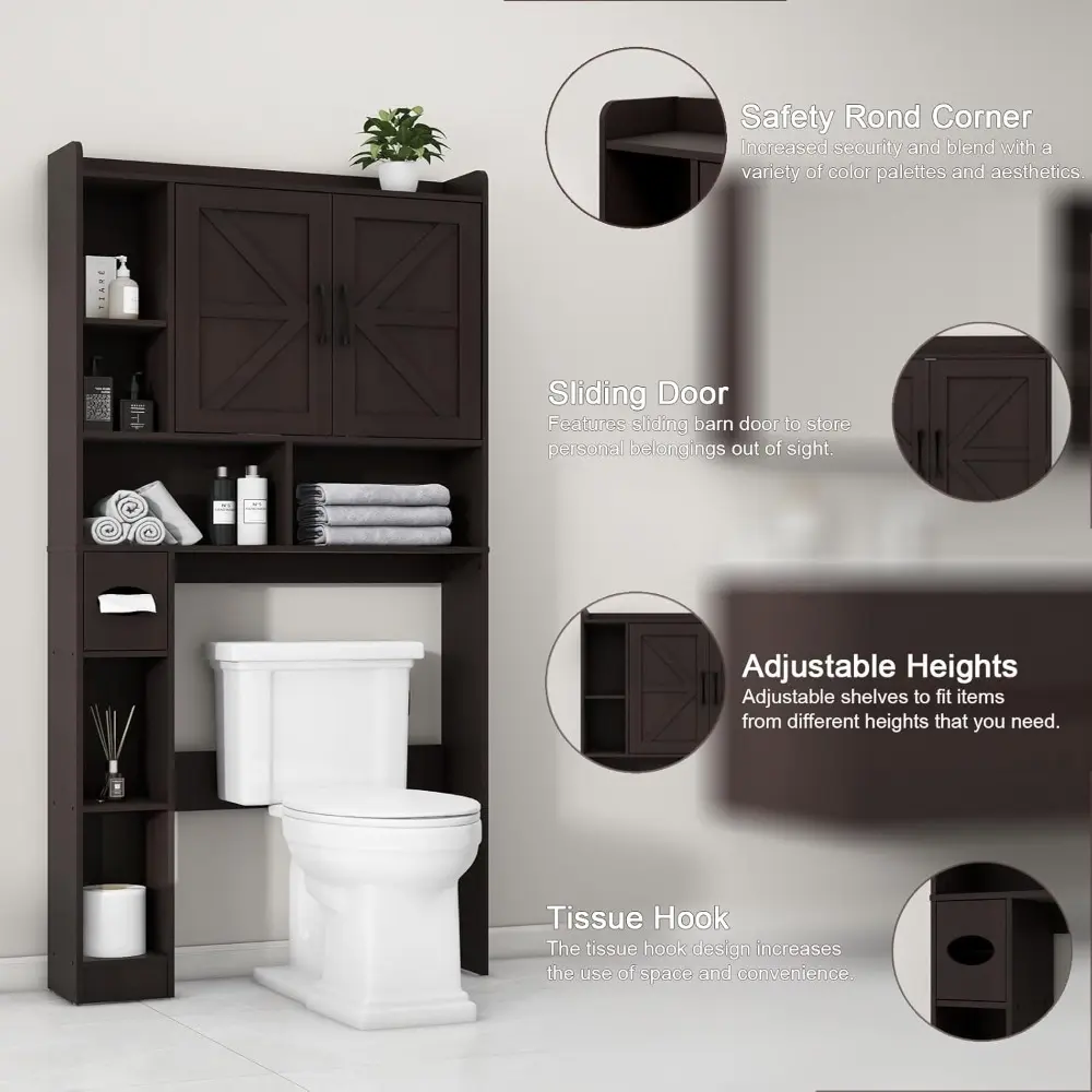 Over The Toilet Storage Cabinet, Farmhouse Storage Cabinet Over Toilet with 2 Barn Door & Toilet Paper Holder Stand，Home Space-S