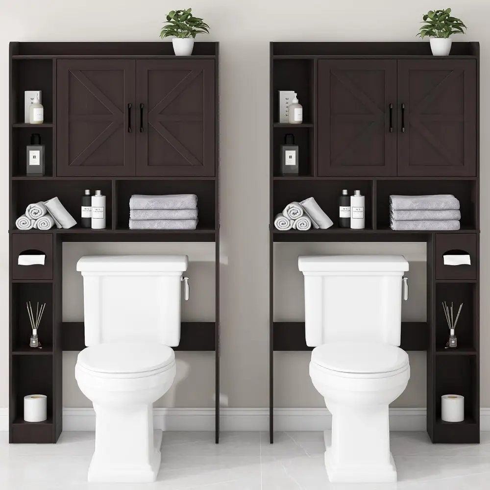 Over The Toilet Storage Cabinet, Farmhouse Storage Cabinet Over Toilet with 2 Barn Door & Toilet Paper Holder Stand，Home Space-S