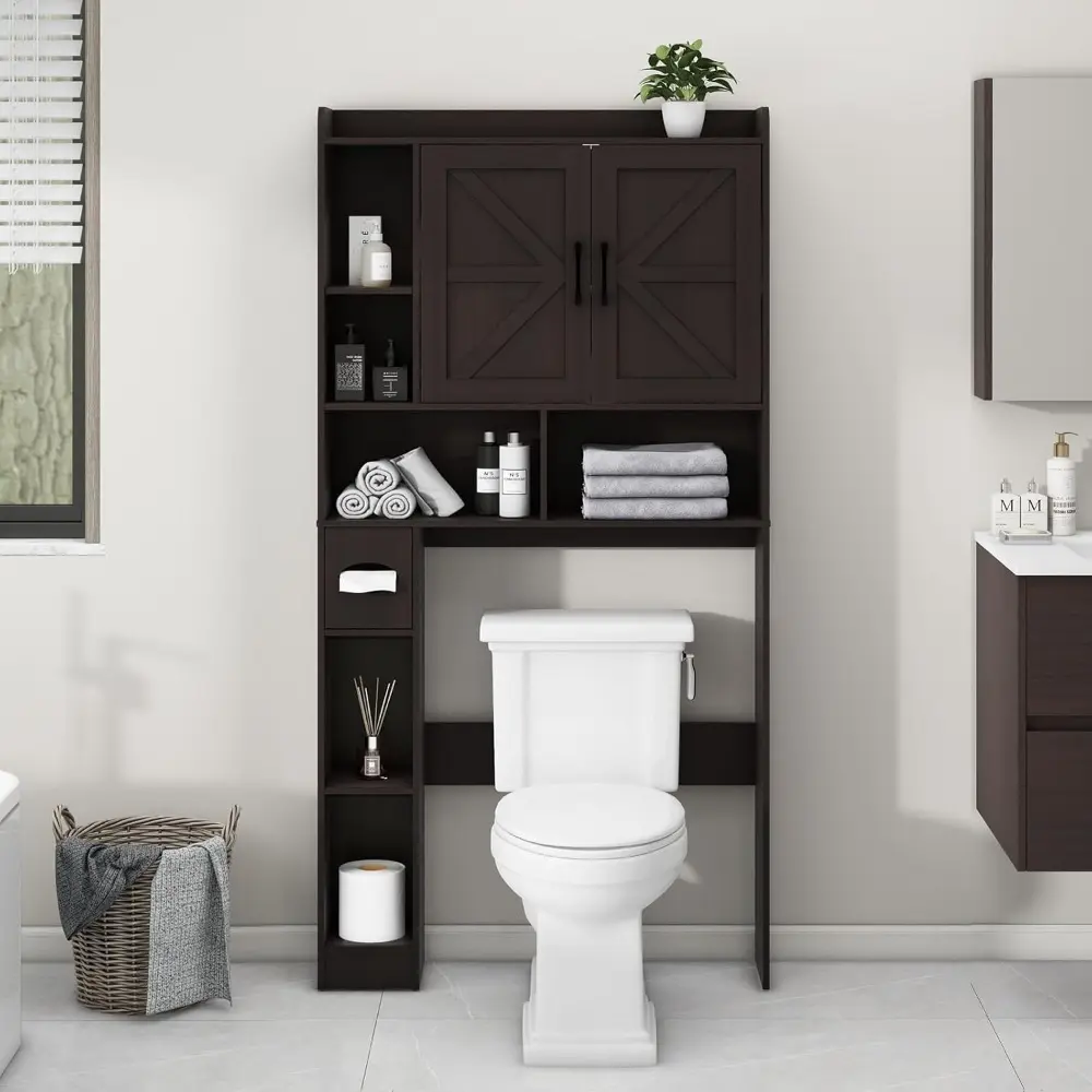 Over The Toilet Storage Cabinet, Farmhouse Storage Cabinet Over Toilet with 2 Barn Door & Toilet Paper Holder Stand，Home Space-S