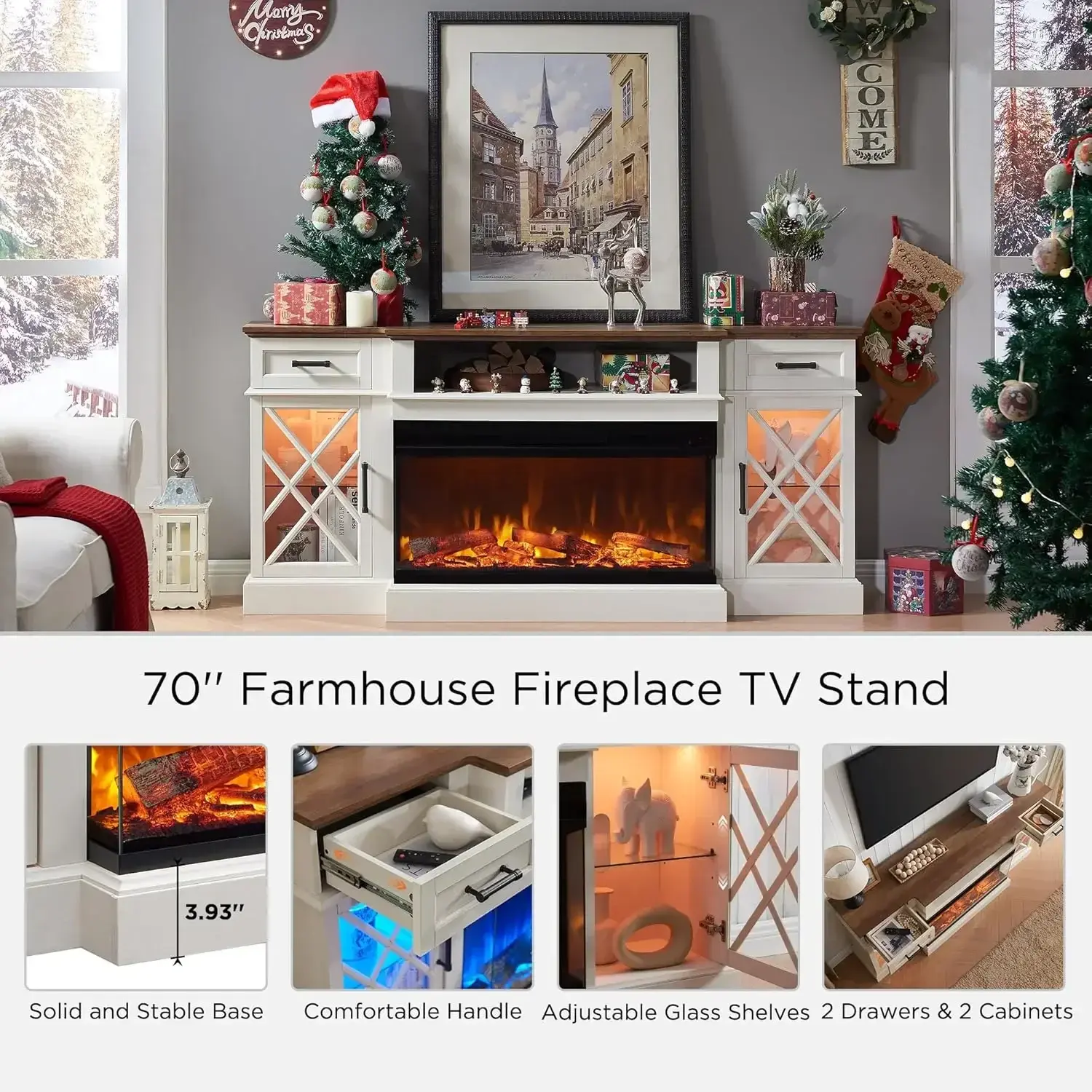 3-Sided Farmhouse Electric Fireplace TV Stand, Highboy Entertainment Center with Glass Door Storage Cabinet,, Antique White