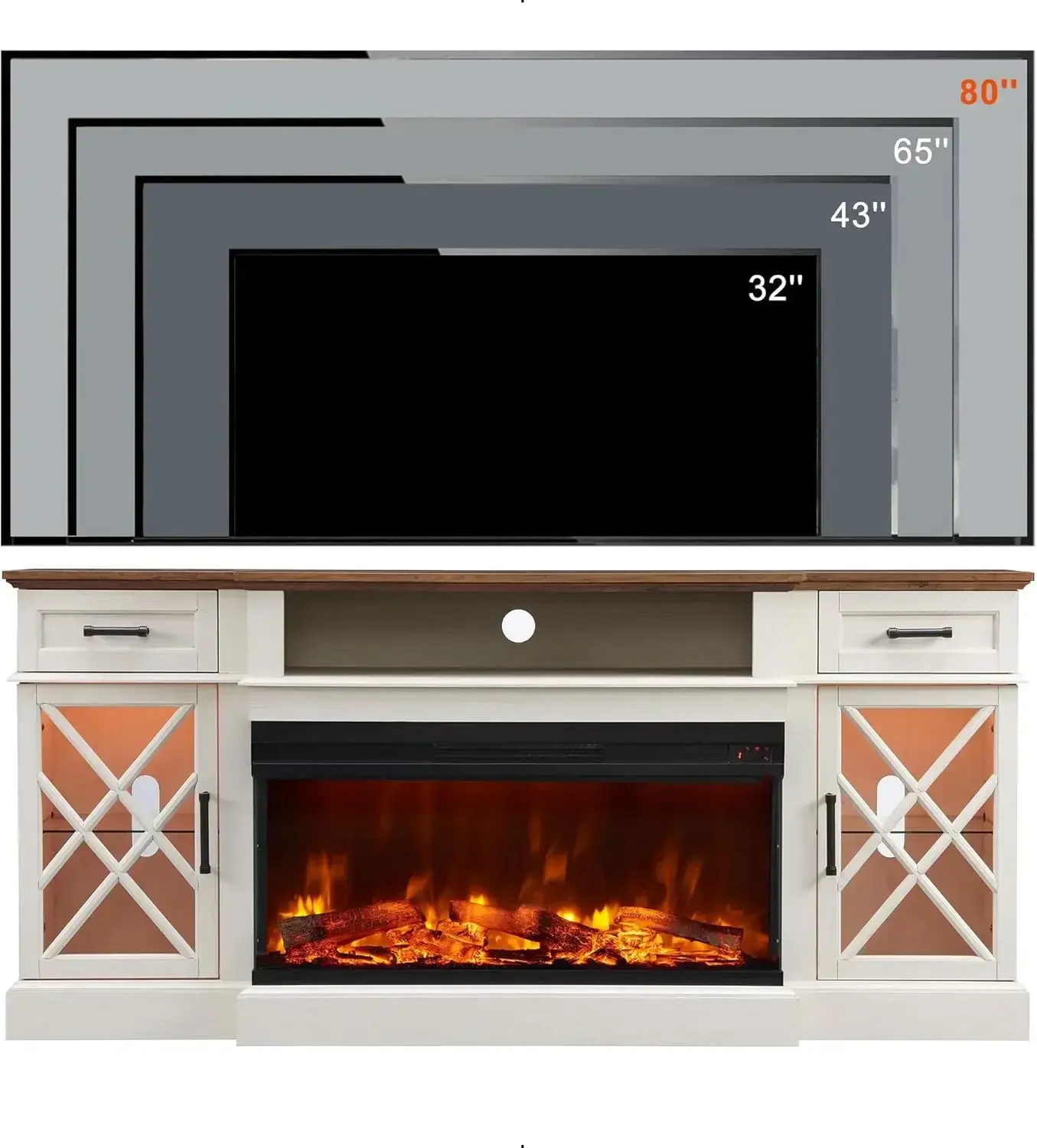 3-Sided Farmhouse Electric Fireplace TV Stand, Highboy Entertainment Center with Glass Door Storage Cabinet,, Antique White