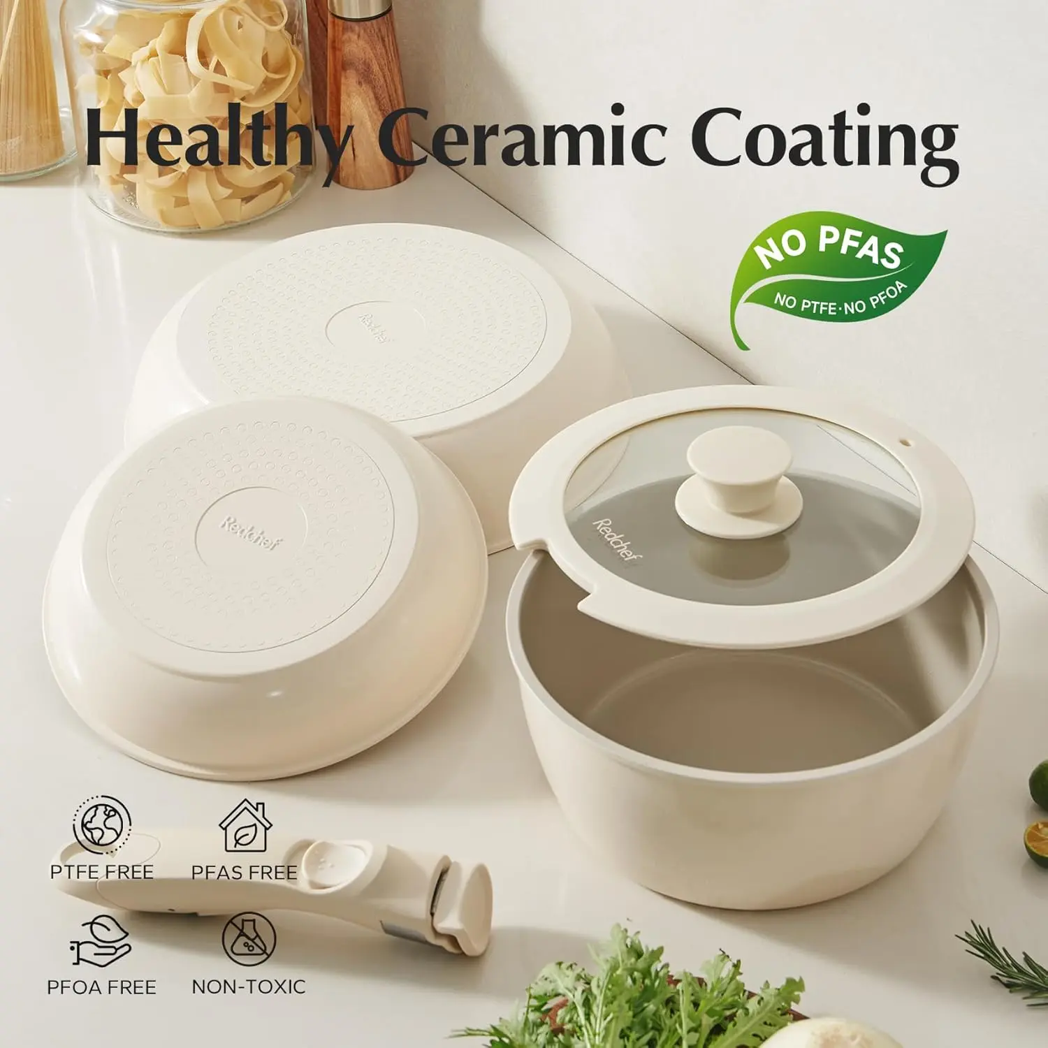 Ceramic Pots and Pans Set Non Stick, Nonstick Kitchen Cookware Sets,  Detachable Handle Pots and Pans 5 Piece, RV Cookware